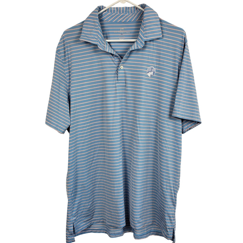 Southern Tide Polo Shirt Mens XL Blue Pink Striped Golf Performance Stretch Brrr